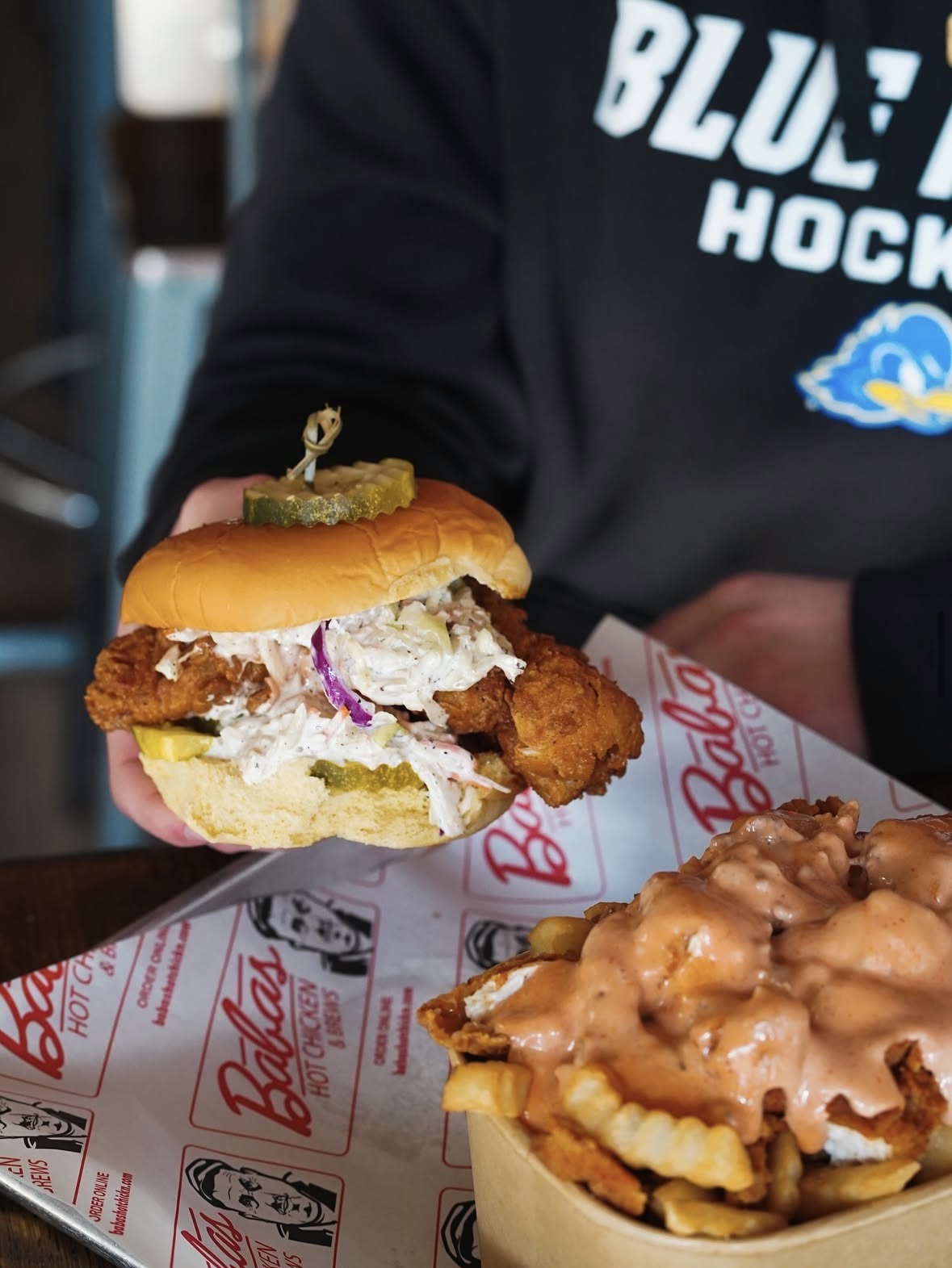 Babs hot chicken sandwich and loaded fries